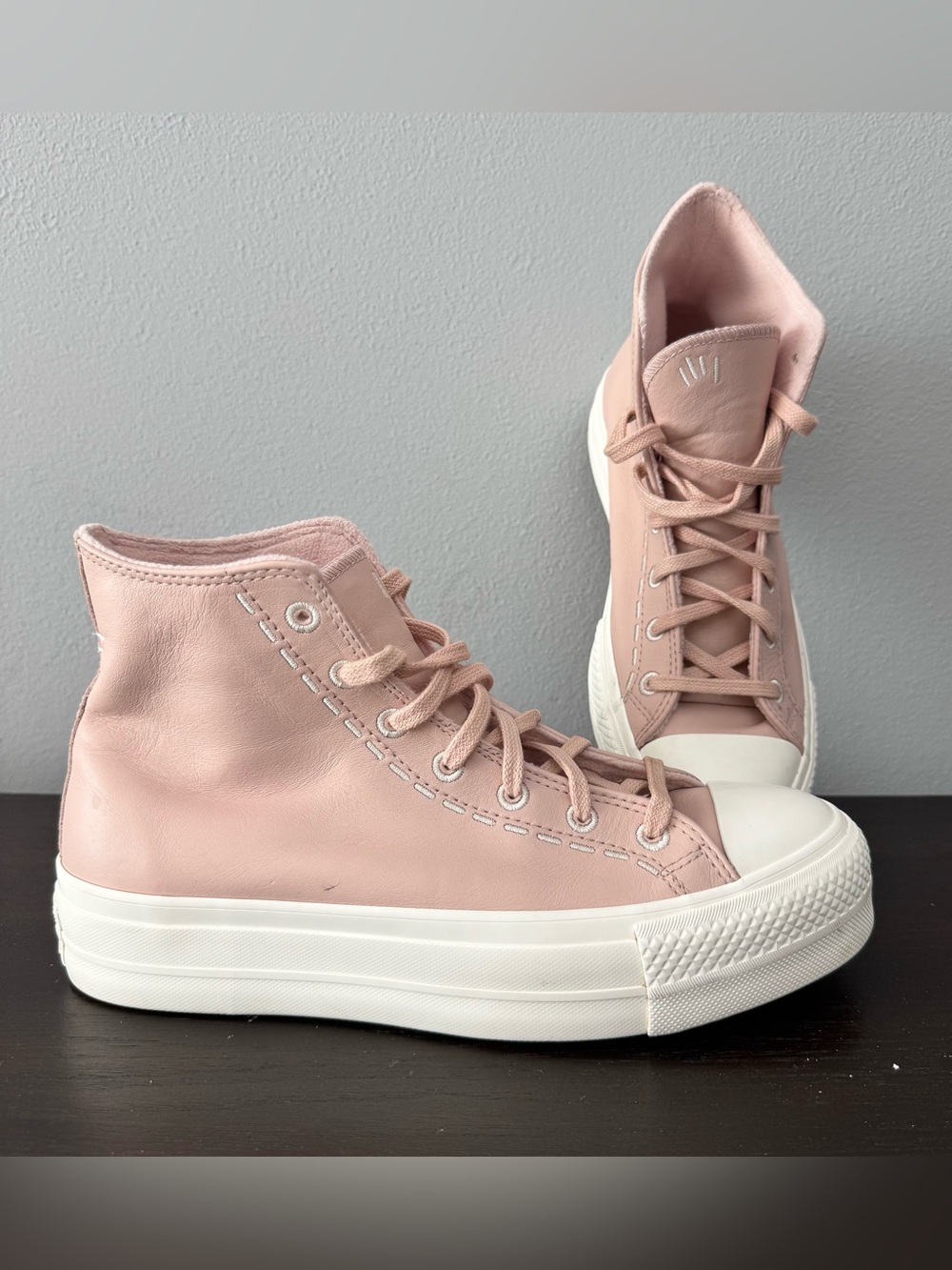 Converse Chuck Taylor Lift Platform High Top Bold Stitch Pink Sage Leather Sz 9 - Picture 2 of 9